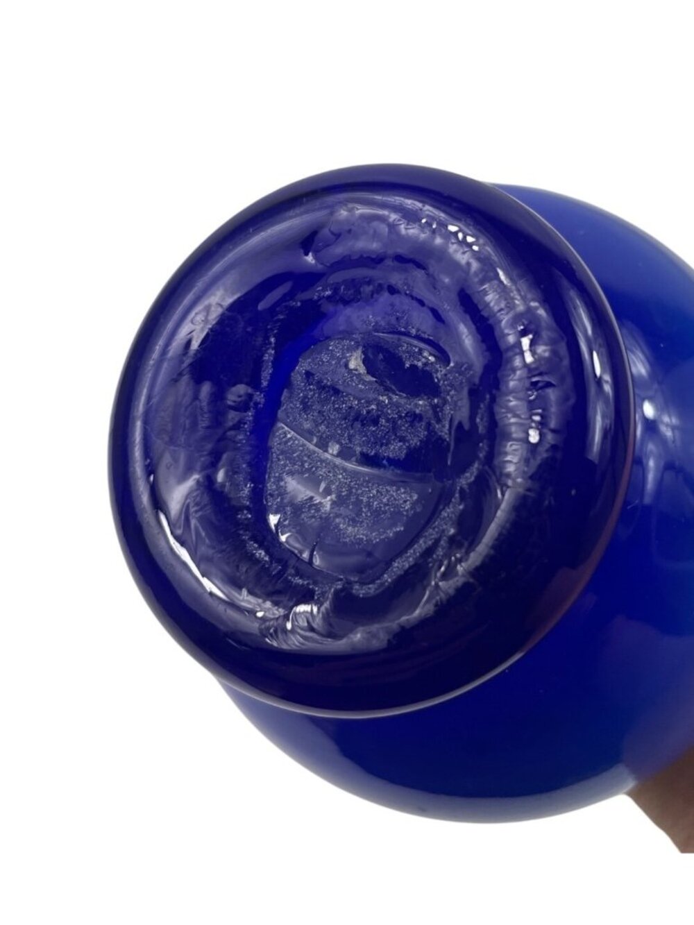 Handmade Cobalt Blue Glass Vase With Clear Swirl Handles & Ruffled Rim - Picture 10 of 12